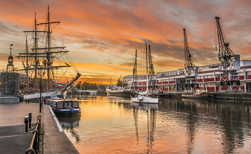 Sunset over Bristol Harbourside with M Shed and The Matthew